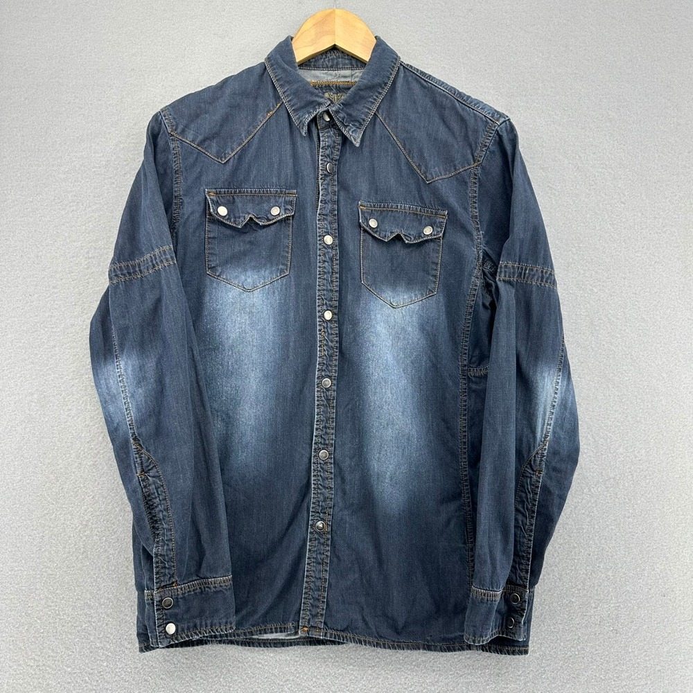 Y2K Carreli Jeans Denim Western‎ Shirt Long Sleeve Snap Button Blue SZ L